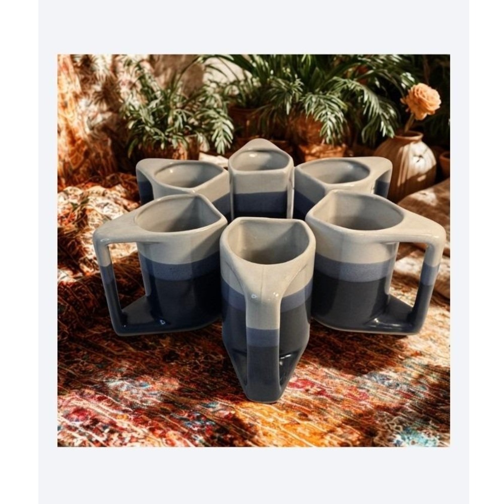 Vintage Modernist Nesting Geometric‎ Ceramic Mugs Set of 6 Blue Grey Cream